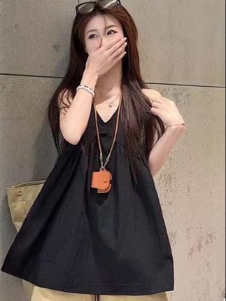 2025宽松减龄黑色V领吊带背心夏季新款无袖娃娃衫孕妇上衣短裤#夏季穿搭 #高级感穿搭 #显高显瘦 #女装 #夏天穿搭