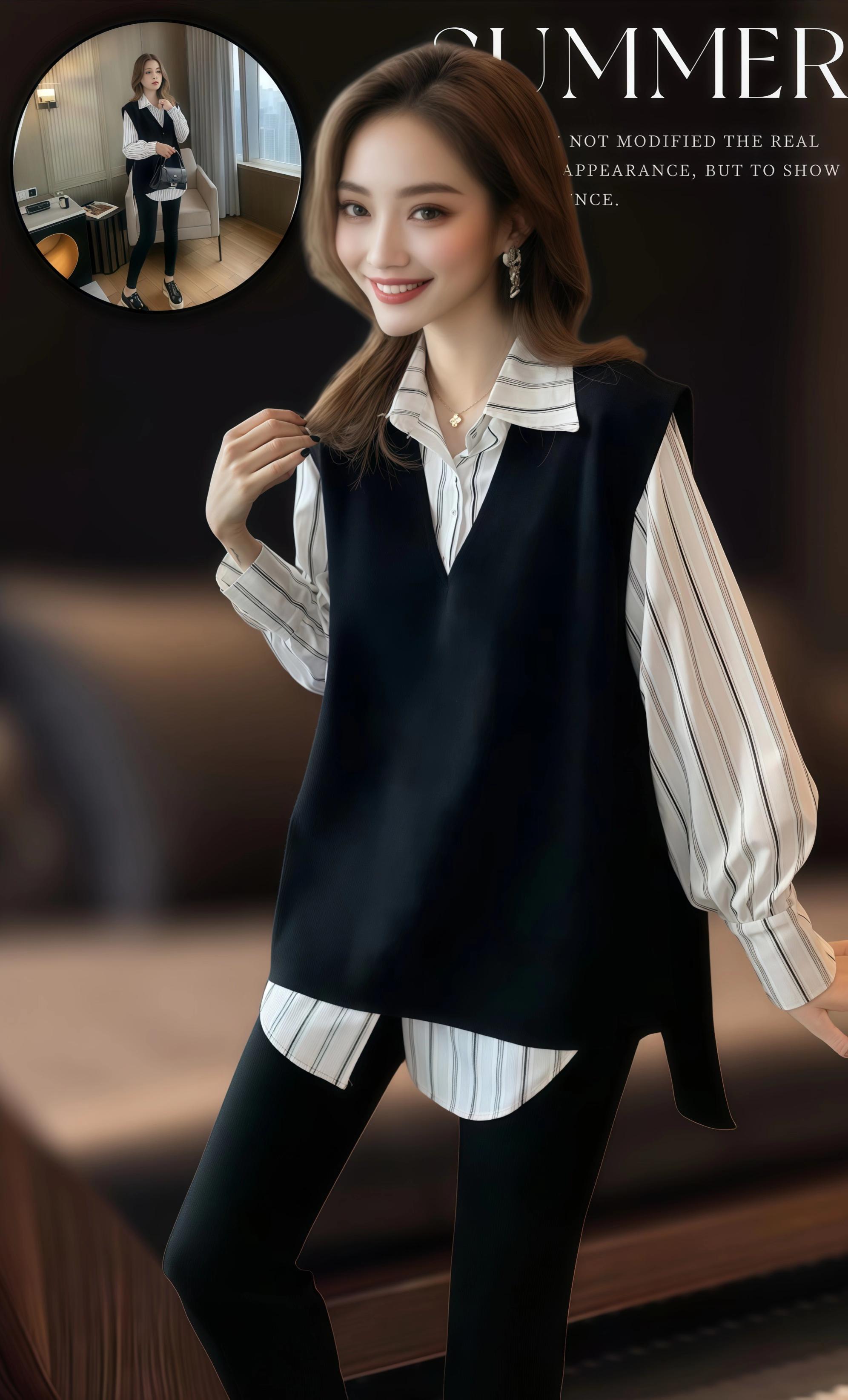 藏住小尴尬,穿出大自在 春秋交替时,衣柜里总缺一件“刚刚好”的衣服——既要遮住小肚腩,又要显瘦不臃肿,这件大码女装条纹衬衫马甲两件套,便是为胖mm量身打造的贴心选择。 柔软透气的面料是春秋季的刚需,贴身穿不闷汗,外搭也不觉厚重。长袖衬衫采用竖条纹设计,视觉上拉长身形,宽松的版型悄悄藏起腹部赘肉,抬手弯腰都自在;搭配同系列马甲,叠穿层次感瞬间拉满,还能巧妙修饰腰腹线条,让整体造型更显利落。 无论是搭配牛仔裤走休闲风,还是配半身裙穿去通勤,它都能hold住场面。不用再为身材焦虑,不用在试衣间反复纠结,这件两件套让每个胖mm都能自信拥抱春秋,穿出属于自己的舒适与好看。#女神穿搭 #慵懒风穿搭 #美搭尽显女神范 #减龄显瘦穿搭 #好身材好气质