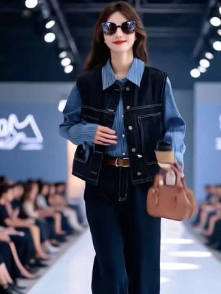 2025秋装新宠!牛仔马甲条纹衬衫阔腿裤三件套 复古腔调穿搭不重样#时尚气质穿搭 #女神穿搭 #高级感穿搭 #时髦穿搭 #新款
