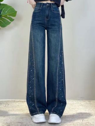 迪否烫钻窄版直筒裤女2025秋冬新款裤子宽松垂感牛仔裤#休闲穿搭 #穿搭穿搭 #穿搭女装 #牛仔裤穿搭 #百搭显瘦