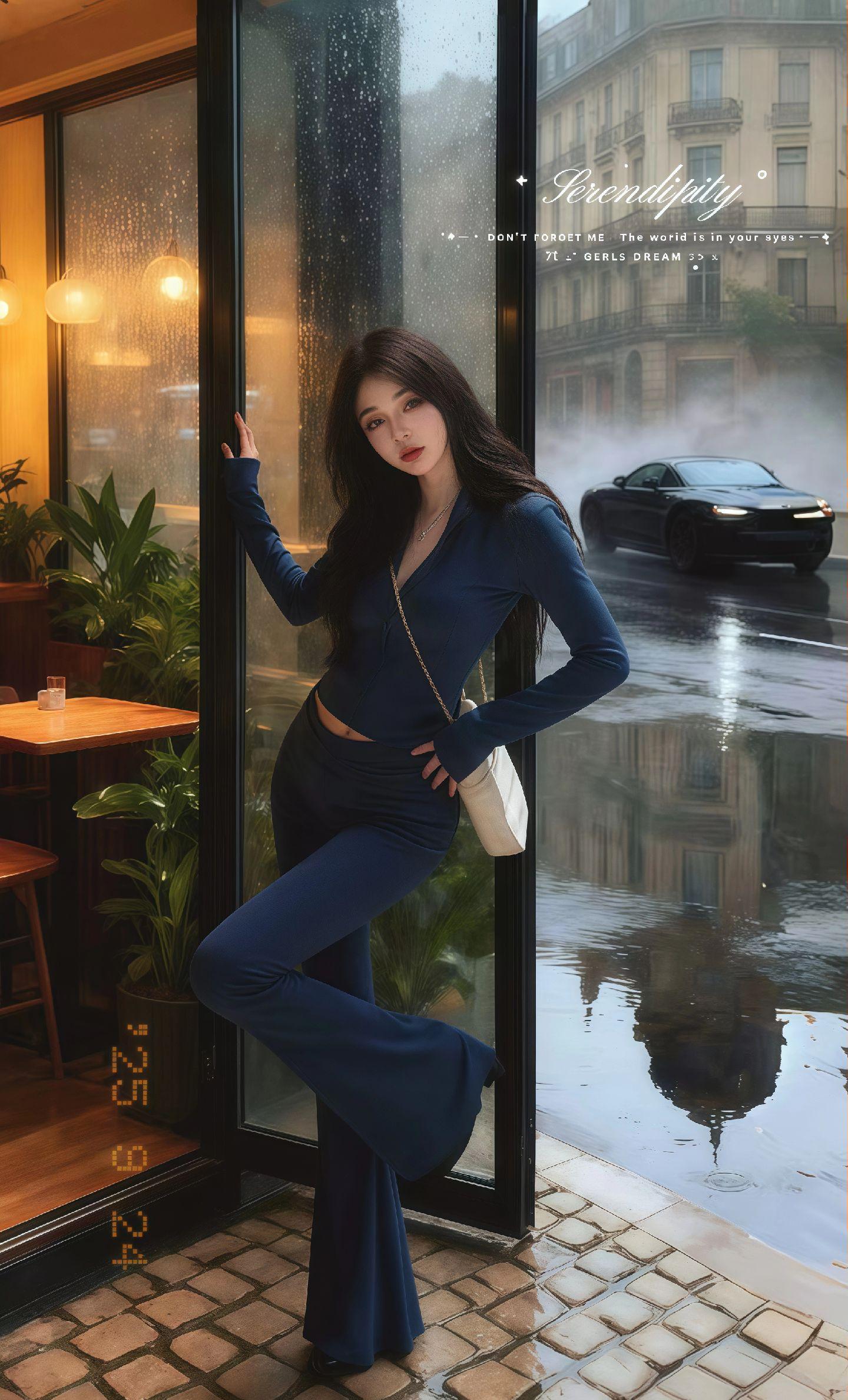 宝子们~谁懂啊?深海蓝的松弛感|雨天街头的高级氛围 巴黎雨天的咖啡馆门口,她像一尾游进暖光里的深海鱼。 藏青色套装把“修身”和“松弛”平衡得刚好——上衣V领露腰,悄悄把性感藏进日常;喇叭裤顺着腿型一路散开,走路带风时,布料晃出流动的光泽。奶白色挎包是点睛之笔,让沉郁的蓝瞬间透了气。 街对面的跑车碾过积水,溅起的水花在玻璃上晕开,倒衬得她一身深海蓝更沉静。原来高级感从不是用力过猛,是像这样,让颜色、剪裁和雨天的氛围,都自然而然融成一幅画。 #被秋日氛围感穿搭拿捏了#早秋冷冽又随性的气质穿搭#森系少女感穿搭#早秋显身材平价上衣合集#早秋穿搭三分钟出门不是梦@DOU+上热门 @DOU+小助手 @我要上热门🔥🔥🔥🔥