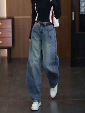 复古休闲弯刀牛仔裤女2025春秋季新款高腰显瘦宽松百搭窄版阔腿裤#时尚穿搭 #显高显瘦显腿长 #弯刀牛仔裤 #百搭窄版阔腿裤
