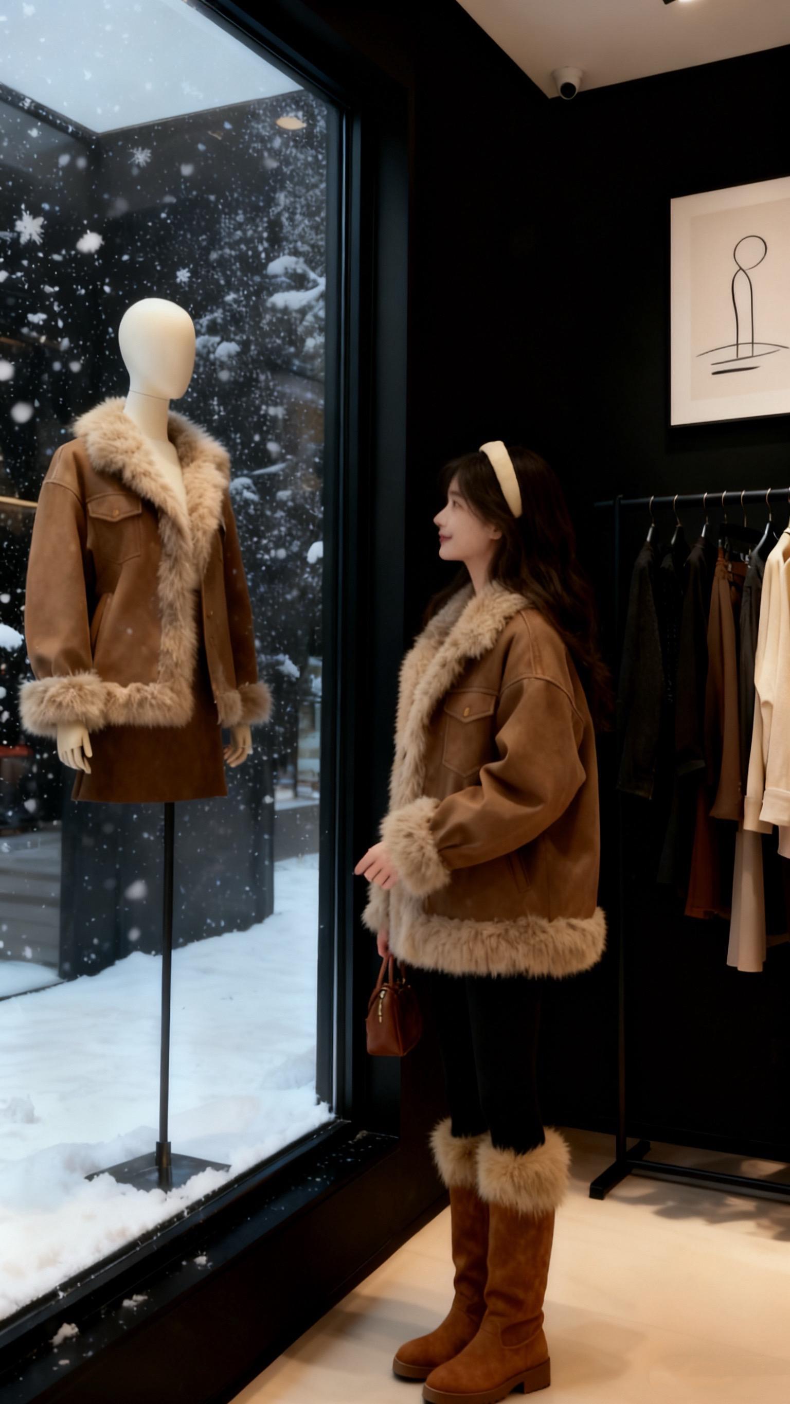 棕调麂皮裹着软fufu的毛绒边,像把刚晒好的暖被披在身上~下雪天套上它,连领口钻进来的风都带着软乎乎的温度,韩系松弛感直接拉满,配同色系靴裤,揣着小棕包站在落雪窗边,随便拍都是氛围感大片#秋冬穿搭 #秋冬外套 #美拉德穿搭 #氛围感穿搭