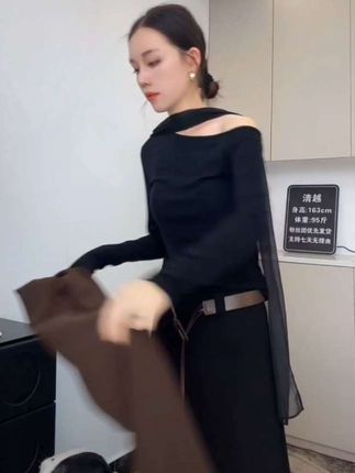 飘带设计不对称斜肩长袖T恤上衣#时尚穿搭美出高级感 #秋季新款
