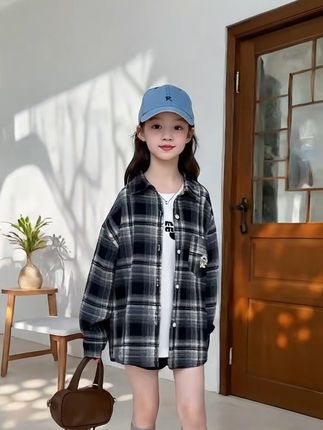 秋季新款女童休闲外套春秋款中大童格子衬衫时髦 zb6010田范KIDS#儿童外套 #儿童衬衫