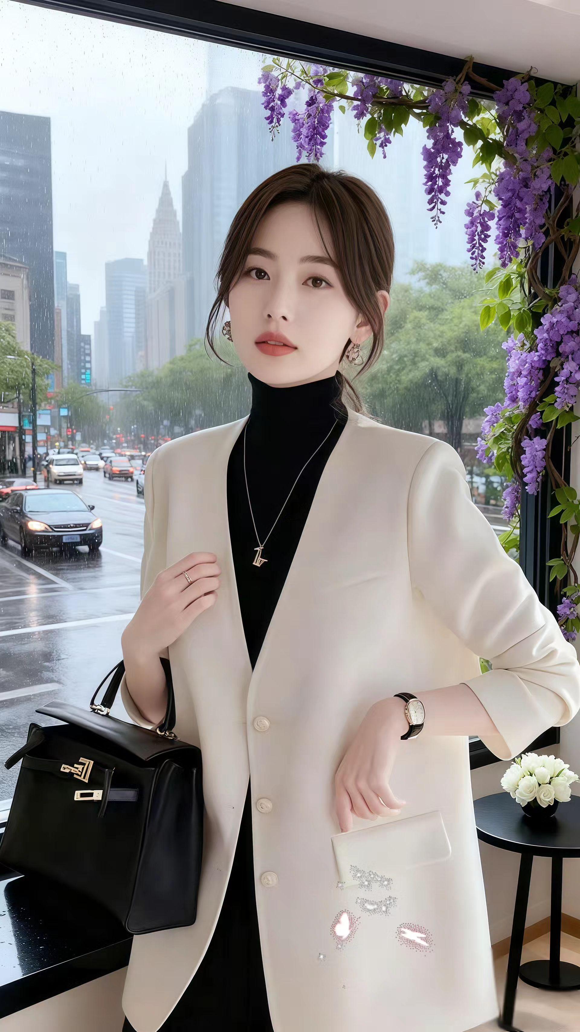 #时尚气质名媛风白色V领长袖西装外套女春秋款高级感通勤职业西服