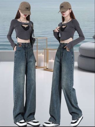 #百搭阔腿裤 #显瘦显高 #显高女士牛仔裤 #高腰牛仔裤 #直筒牛仔裤