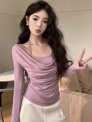 挂脖假两件长袖T恤女纯欲风荡领春秋修身打底衫性感气质上衣#穿搭女装 #高级感穿搭 #女装 #每日分享穿搭灵感