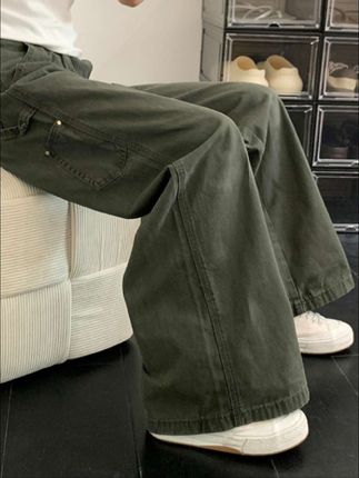 美式高街工装裤男女夏季设计感复古水洗军绿色直筒阔腿牛仔裤#工装裤#复古牛仔裤#阔腿裤推荐