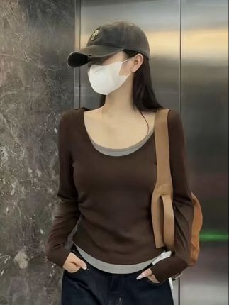2025秋冬韩版气质撞色假两件修身显瘦洋气百搭简约款打底衫9092#简约大气 #谁穿谁好看 #打底衫 #长袖t恤