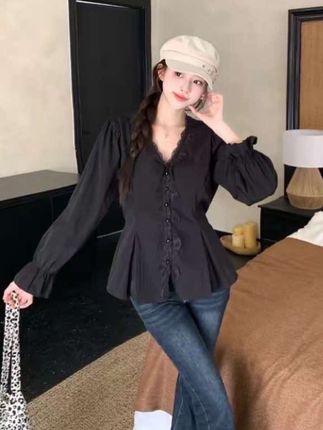 2025秋新款大码女装胖MM蕾丝拼接长袖衬衫显瘦上衣#衬衫 #秋季穿搭 #ootd穿搭 #韩系穿搭 #高级感穿搭