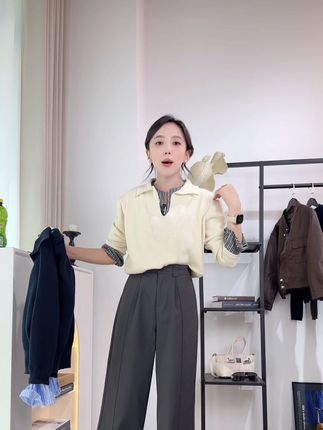 【润桥雅莎】韩系针织衫假两件上衣气质衬衫拼接设计感V领上衣Q1203#气质上衣#法式上衣#时尚上衣#慵懒风上衣#设计感上衣