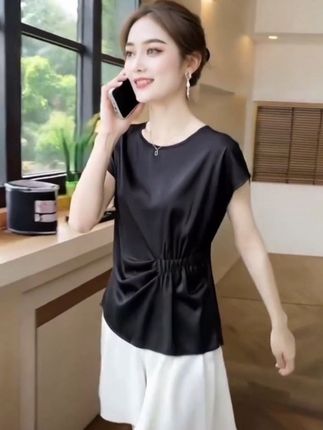 哥弟阿玛施正品黑色高端醋酸上衣女夏2025新款轻奢高级感欧货短款】#夏季穿搭 #初夏的味道 #显高显瘦 #高级感穿搭 #穿出高级感