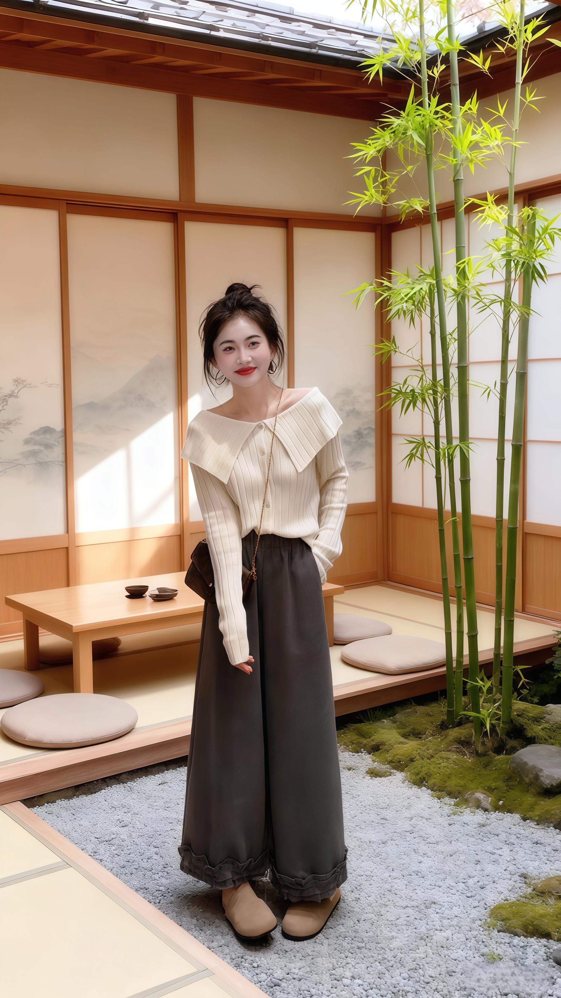 “周末和朋友去京都的日式庭院茶室,一踏进门就被木拉门、竹影和暖光圈住了。身上这件奶白色大翻领毛衣,软乎乎的蹭着肩膀,配灰色阔腿裤,‘温柔松弛’和‘禅意腔调’像被编在了一起。 站在石子庭院里拍照时,毛衣的大翻领衬得人特别柔和,棕色小包包往身上一挎,朋友笑着说我‘像从和风插画里走出来的’~现在每次穿这套,都觉得自己揣着‘把日常过成治愈系电影’的魔法,连踩拖鞋走在榻榻米上,都像踩着日式美学的节拍,毛衣贴住皮肤的瞬间,好像空气里都飘着抹茶和煎茶混合的香气~#韩系穿搭 #穿搭 #优雅气质 #当普通人找到自己的穿搭风格后#秋冬韩系氛围感穿搭公式