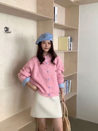 韩系复古灰色翻领长袖针织开衫女秋冬季慵懒风宽松显瘦毛衣外套#上衣穿搭 #慵懒风穿搭 #甜系女孩 #慵懒风 #时尚针织衫女