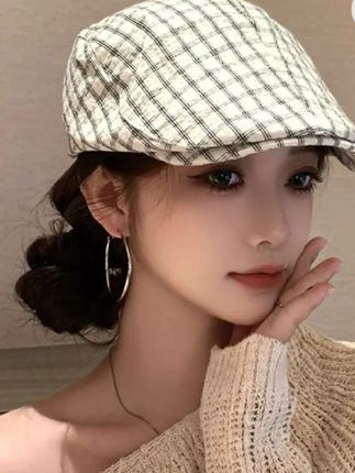 #韩版ins简约格纹前进帽 春夏季休闲百搭小清新文艺贝雷帽报童帽潮#报童帽