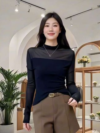 大码早秋拼接网纱半高领网纱上衣打底衫女内搭 #早秋显身材平价上衣合集 #打底衫 #优雅气质 #洋气小衫 #减龄气质