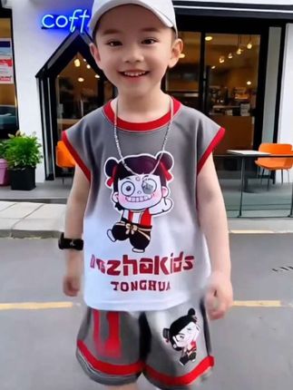 哪吒儿童衣服2025新款男童夏套装宝宝无袖背心夏装小男孩运动服装#哪吒#套装