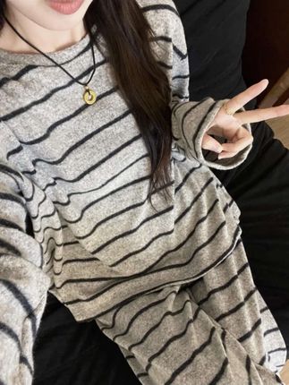 韩版少女简约条纹撞色睡衣女秋冬季新款套装居家服爆款可外穿#简约风 #秋季新款 #睡衣女 #家居服 #好看