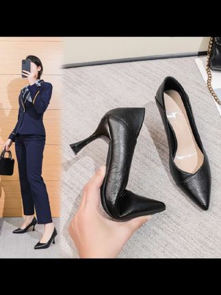 单鞋女尖头黑色职业工作鞋浅口高跟鞋气质性感细跟不累脚百搭女鞋#工作鞋#高跟鞋 #好穿又好搭 #上脚舒适