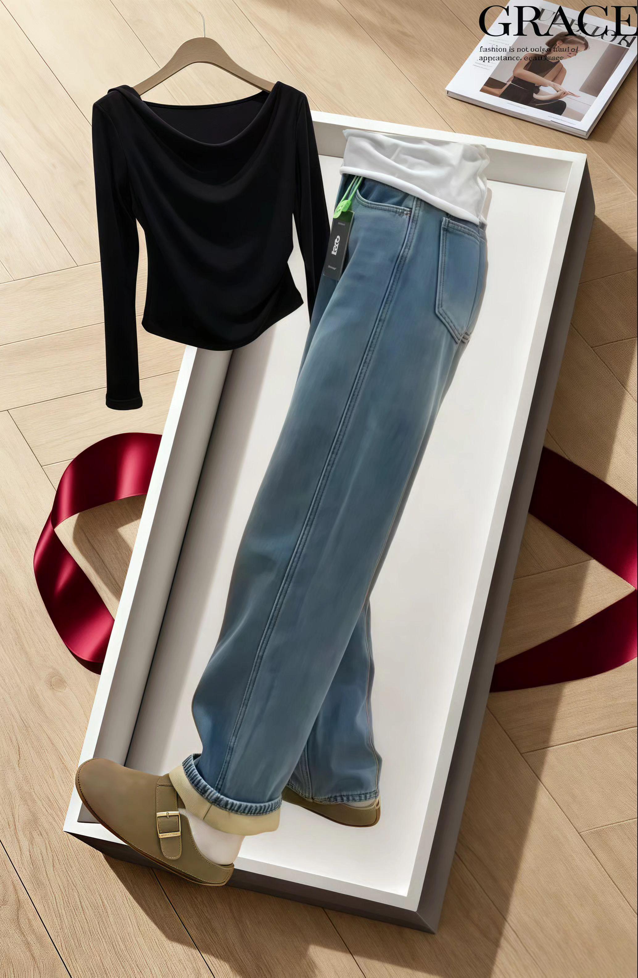 #极简穿搭#高级感气质穿搭#加厚牛仔裤阔腿裤#早秋穿搭显贵法则#韩系穿搭