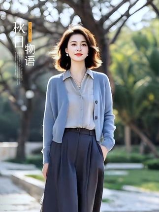 蓝色长袖针织开衫+高腰半身裙两件套#优雅气质 #减龄显瘦穿搭 #早秋高智感职场穿搭 #初秋一周不重样穿搭 #早秋穿搭