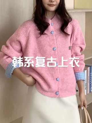 韩系复古灰色翻领长袖针织开衫女秋冬季慵懒风宽松显瘦毛衣外套#甜美穿搭 #韩系复古#慵懒风#宽松有范 #针织开衫