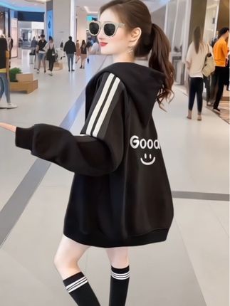 设计感拼色连帽开衫卫衣女春秋季韩版百搭中长款上衣外套#轻松拿捏慵懒风穿搭 #减龄显瘦穿搭 #秋冬外套#通勤穿搭如何摆脱土气感 #休闲百搭外套