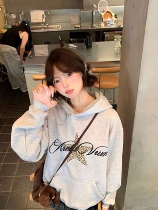 美式复古星星字母印花图案套头连帽宽松卫衣长袖外套#衬衣#卫衣#连帽卫衣 #印花t恤 #长袖