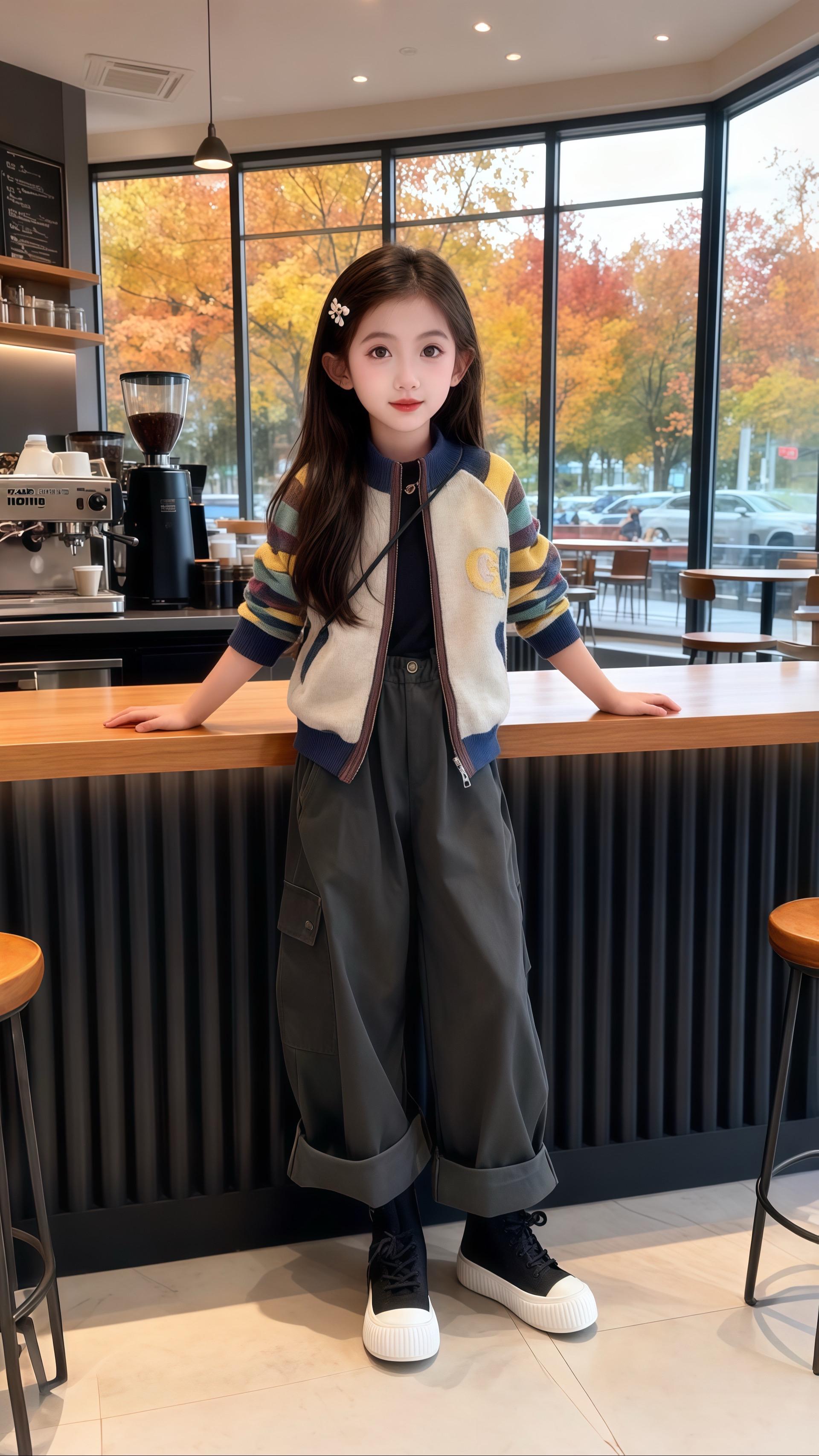 💖被女儿的秋日穿搭美到啦! 高级感咖啡店做背景,窗外秋叶飘落超有氛围~女儿穿的撞色针织外套,配色活泼又吸睛,内搭简约款,下身搭工装风阔腿裤,脚踩黑白拼色休闲鞋,整体造型休闲又时髦。头上的精美发夹也为造型加分不少,把女儿的柔顺长发衬得更灵动啦~这套穿搭太适合秋日出街,安利给各位宝妈!#女童穿搭 #初秋一周不重样穿搭 #早秋穿搭 #潮童穿搭 #高品质童装