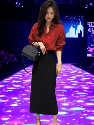 时尚减龄一整套红色长袖衬衫女装中长款直筒半身裙两件套 #时尚女装#时尚搭配 #优雅气质#时尚洋气