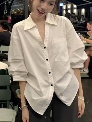 秋季新款休闲百搭白色翻领泡泡袖收腰气质衬衫女显瘦衬衣长袖时尚#高级感穿搭 #休闲穿搭 #甜美穿搭 #简约休闲风 #学院风穿搭