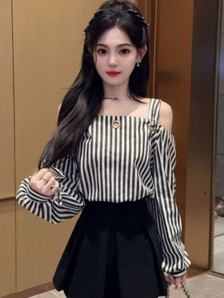 韩版高级感洋气长袖露肩别致撞色条纹衬衫半身裙两件套套装裙女潮