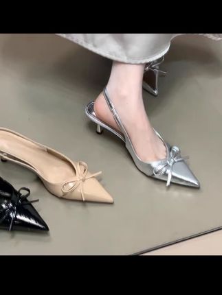 三福小众设计感细跟高跟鞋气质绝美包头凉鞋女尖头浅口单鞋蝴蝶结