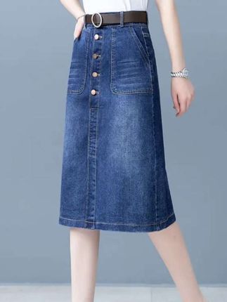 #牛仔裙 女半身裙 秋季 #时尚高腰 #中长款 开叉直筒裙 #大码显瘦 妈妈铅笔裙