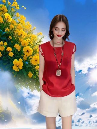 红无袖上衣配米白短裤,简约清爽,夏日氛围感拉满#上半年潮流穿搭清单 #夏日穿搭主打松弛感 #女生夏日约会穿搭合集 #夏季简约风服装测评 #打工人的夏日通勤穿搭