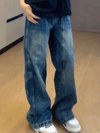 美式复古做旧秋季弯刀宽松阔型四季牛仔裤男女同款春秋显瘦高腰#穿搭#牛仔裤#男女同款