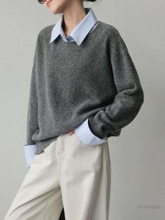 假两件衬衫领毛衣女秋冬新款内搭慵懒风撞色翻领灰色针织衫上衣#针织衫#毛衣#慵懒风#保暖又好看#打底衫