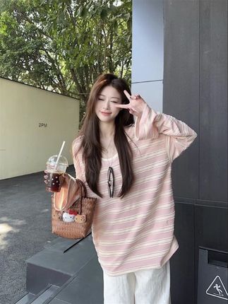 秋季新款条纹罩衫松弛感t恤女慵懒撞色休闲长袖上衣#韩系穿搭 #慵懒风穿搭 #甜美穿搭 #ootd穿搭 #显瘦穿搭