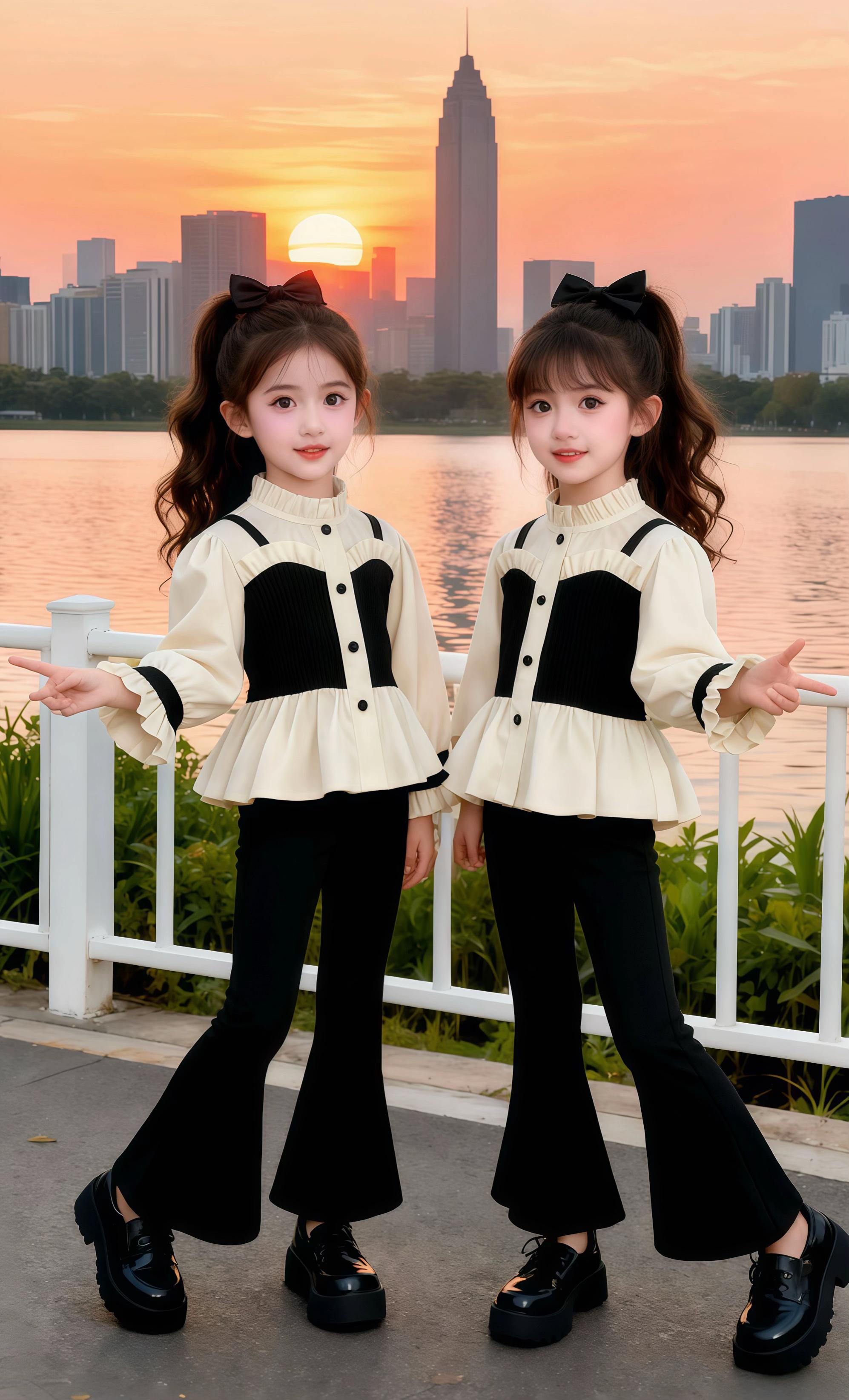 ✨把女儿打扮成法式小公主,在城市黄昏里美。这套黑杏色套装也太戳我了!衬衫的木耳边立领+收腰荷叶摆,甜飒又优雅,搭配喇叭裤和小皮鞋,比例好到犯规~ 夕阳下的CBD天际线作背景,随便一拍都是杂志大片既视感📸 女儿穿着转圈圈的样子,像极了从童话里走出来的小精灵~ #女童穿搭 #法式童装 #骗你生女儿 #儿童时尚 #早秋贵气感穿搭 @抖加🔥上热门🔥dou+🔥热点宝