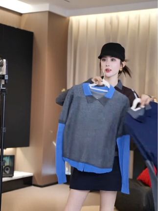 新洋气百搭百搭智性撞色假两件针织衫