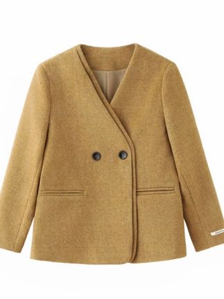 “V领双门襟”流沙金羊毛呢外套女双排两粒扣中长气质通勤大衣Z902