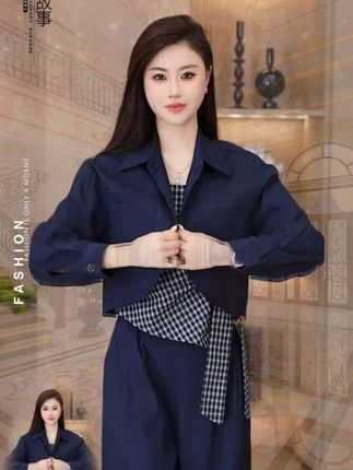 时尚休闲套装女长袖外套秋季新款洋气格子吊带阔腿裤减龄三件套#春秋穿搭 #时尚好看 #时髦穿搭 #套装春秋新款