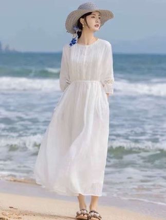 1001# 2025大码春夏新款圆领飘逸天丝麻棉麻度假风仙女长款大摆裙#白色连衣裙 #温柔穿搭 #法式连衣裙 #长款连衣裙 #连衣裙分享