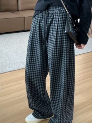黑灰格子直筒休闲裤女秋冬加绒大码胖mm高腰遮胯显瘦松紧腰阔腿裤#秋冬穿搭 #休闲裤 #百搭裤子 #大码女装 #显高显瘦显腿长
