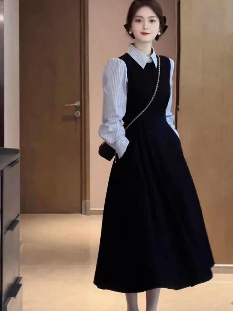 大码假两件条纹拼接连衣裙女春秋新款胖mm赫本风收腰显瘦减龄裙子