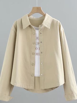 短款纯棉牛仔外套女春秋季新款韩版宽松百搭长袖衬衫工装夹克上衣#面料舒适透气 #百搭显瘦 #遮肉显瘦穿搭 #百搭上衣 #梨形身材穿搭