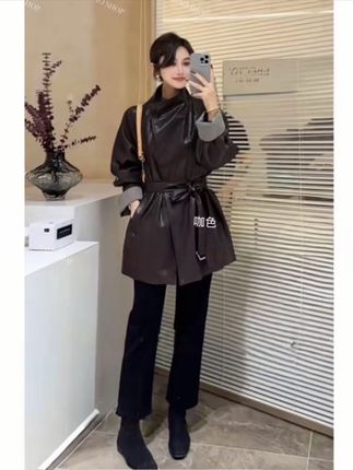 #皮衣 #气质穿搭 #高级感穿搭 洋气中长款宽松皮衣女2025秋季高级感系腰带立领显瘦皮外套9815#酷女孩穿搭 #轻奢女装