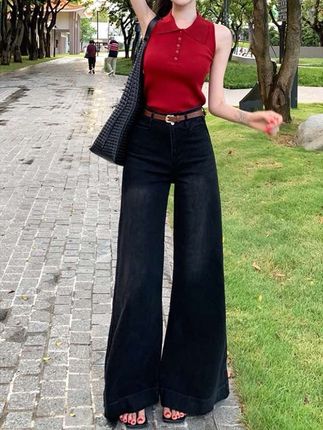 黑灰大裤脚垂感阔腿牛仔裤女秋季高腰不贴腿显瘦显腿长拖地裤#牛仔裤 #显高显瘦 #牛仔裤穿搭 #辣妹穿搭 #黑色高级感穿搭
