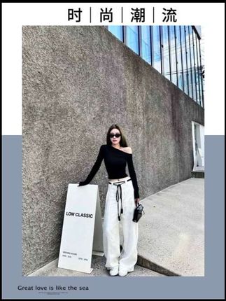 一整套高级感御姐穿搭套装春秋时尚性感辣妹斜肩上衣女休闲阔腿裤#慵懒风穿搭 #时髦精 #新衣服可以治愈各种不开心 #不潮不出街